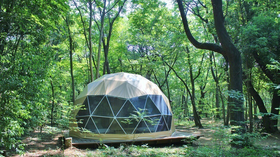 三富今昔村のかわいいドーム型テント、デイキャンプで自然を満喫