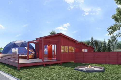 スタンダードドームのドームテントにBBQ小屋、専用キャンプファイヤースペース